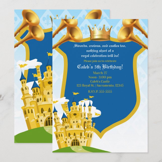 Invitation Château du Prince Royal Bleu et Or Party d'anniver (Devant / Derrière)