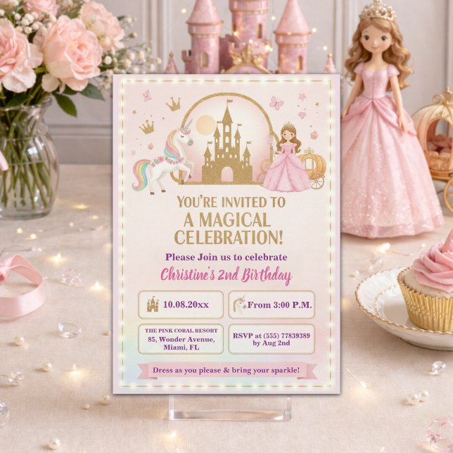 Invitation Château en or de licorne princesse 2e anniversaire (Créateur téléchargé)
