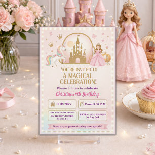 Invitation Château en or de licorne princesse pour une fête d
