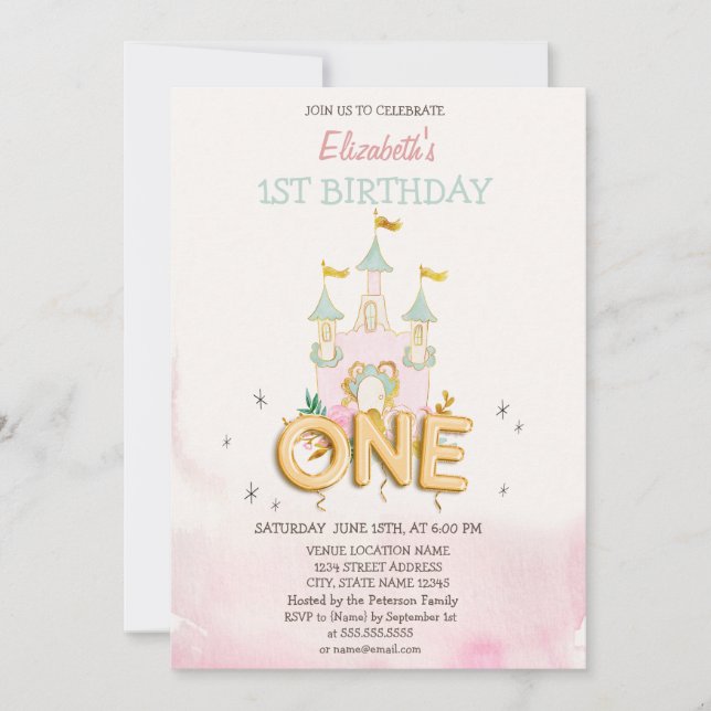 Invitation Château Fleurs Aquarelle Un 1er Anniversaire (Devant)