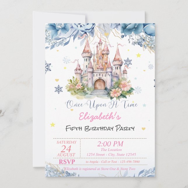 Invitation Château Fleurs Cœurs Flocons de Neige Conte de Fée (Devant)