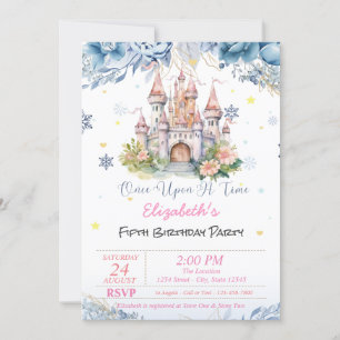 Invitation Château Fleurs Cœurs Flocons de Neige Conte de Fée