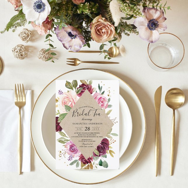 Invitation Château Floral Coloré Rustique Bourgogne Kraft (Créateur téléchargé)