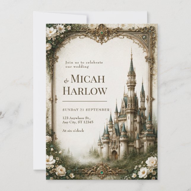 Invitation Château Floral en Ivoire pour Mariage (Devant)