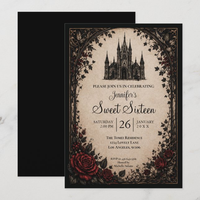 Invitation Château Floral gothique Sweet 16 (Devant / Derrière)