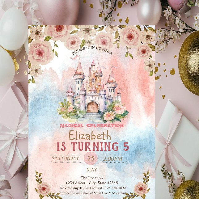 Invitation Château Floral Princesse Anniversaire Aquarelle (Créateur téléchargé)