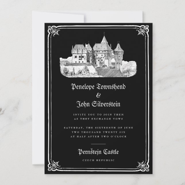 Invitation Château gothique Main Tirée Bordure Mariage noir (Devant)