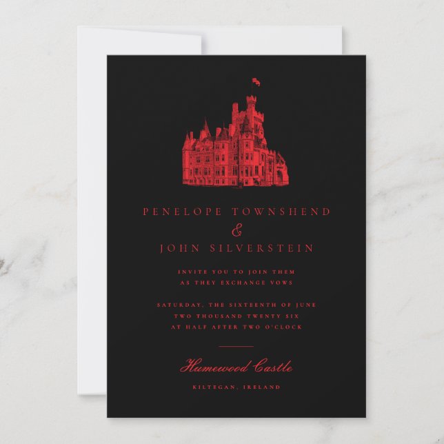 Invitation Château gothique minimaliste Mariage rouge noir (Devant)
