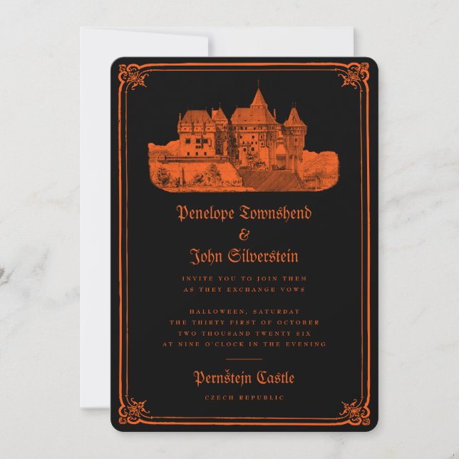 Invitation Château gothique Orange Black Halloween Mariage (Devant)