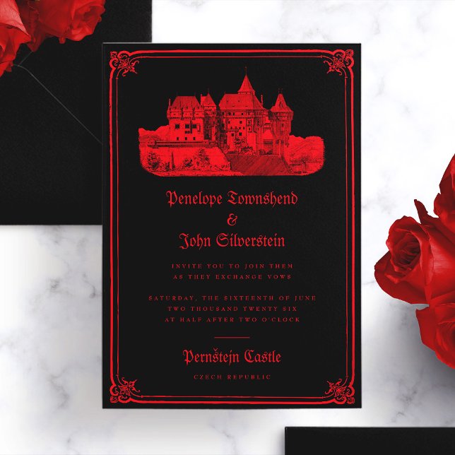 Invitation Château gothique Vampire Bordure Mariage rouge noi (Gothic Vampire Castle Border Black Red Wedding Invitation)