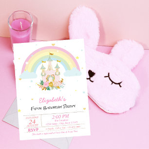 Invitation Château Magique Fleurs Arc-en-ciel Anniversaire