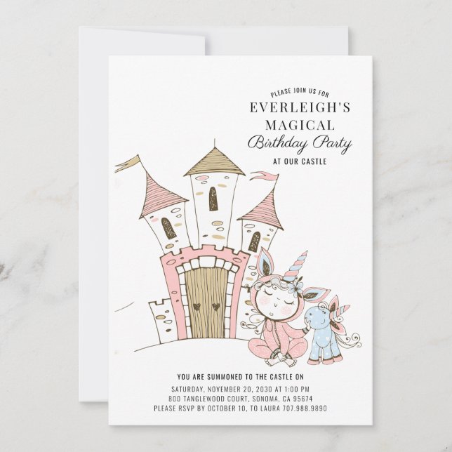 Invitation Château Magique Unicorn Aquarelle Anniversaire (Devant)