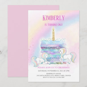Invitation Château magique Unicorn Rose Princesse 1er anniver
