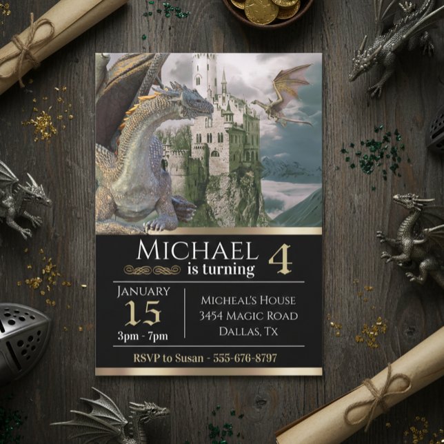 Invitation Château Médiéval Dragon Bronze Métallique Annivers (Créateur téléchargé)