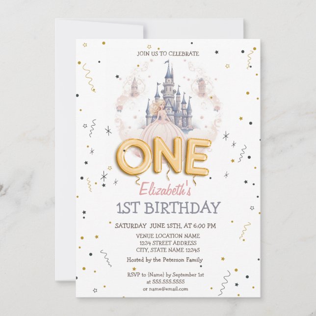 Invitation Château Nuages Princesse Conte de Fées 1er Anniver (Devant)