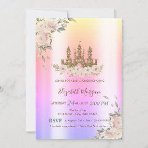 Invitation Château Pailleté Doré, Étoiles, Baby Shower Floral