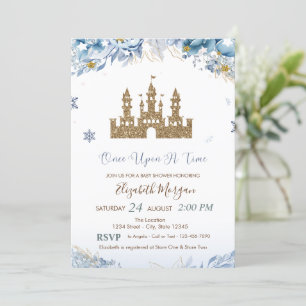 Invitation Château Pailleté Or,Fleurs Bleues,Etoiles