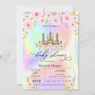 Invitation Château Pailleté Roses Holographique Baby Shower