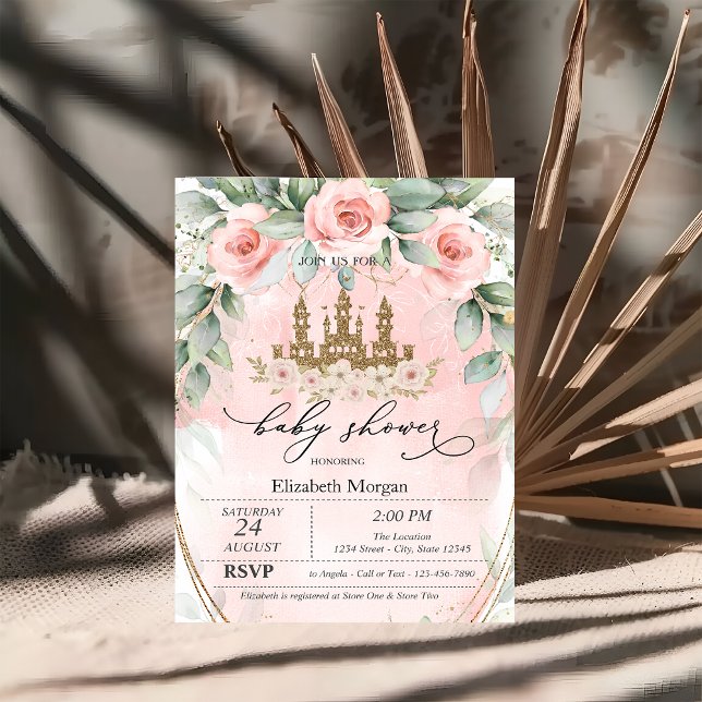 Invitation Château Pailleté Roses Roses Bébé Fille Shower (Créateur téléchargé)
