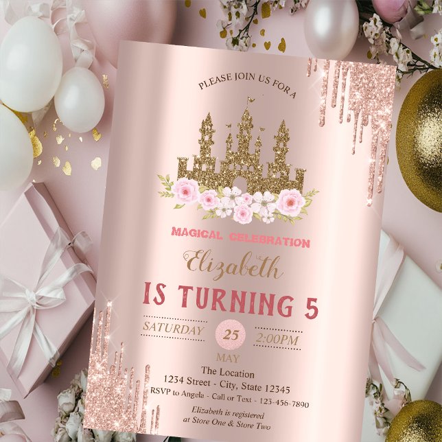 Invitation Château Paillettes Dorées, Dégoulinade de Rose Gol (Créateur téléchargé)