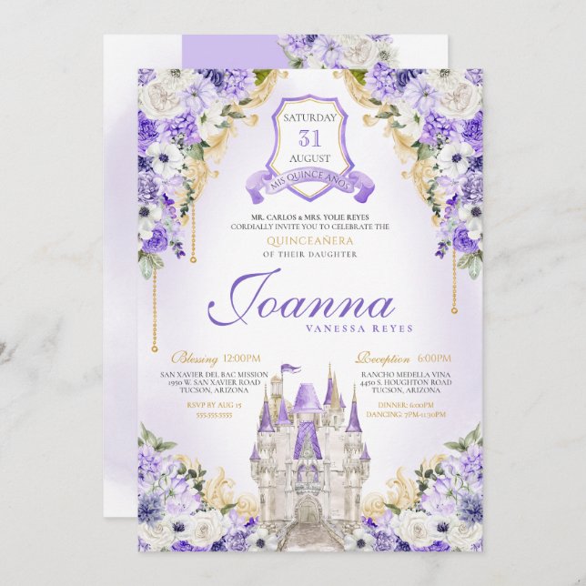 Invitation Château Princess Royal Lavender Quinceanera (Devant / Derrière)