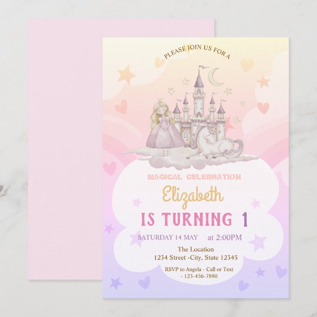 Invitation Château Princesse Arc-en-ciel Poney Anniversaire (Devant / Derrière)