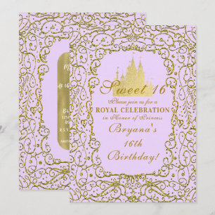 Invitation Château Princesse Lavande Violet et Or Douce 16 an