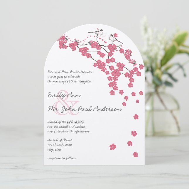 Invitation Château Rose Cerisier Fleur Rose Mésange Mariage (Debout devant)