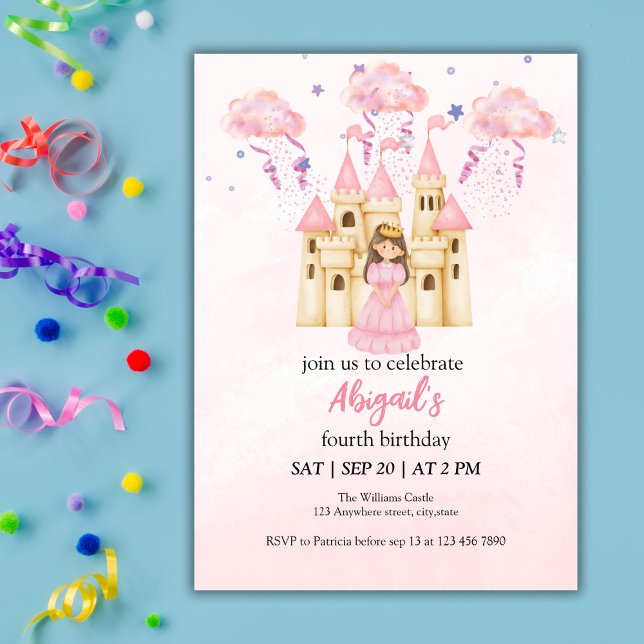 Invitation Château Rose Conte de Fées Princesse Anniversaire  (Créateur téléchargé)