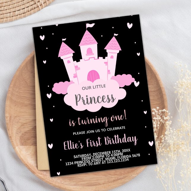 Invitation Château rose noir sous la princesse nuageuse Anniv (Black Pink Castle under Cloud Princess Birthday Invitation)