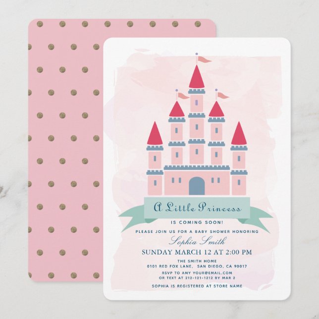 Invitation Château rose Princesse Baby shower fille (Devant / Derrière)