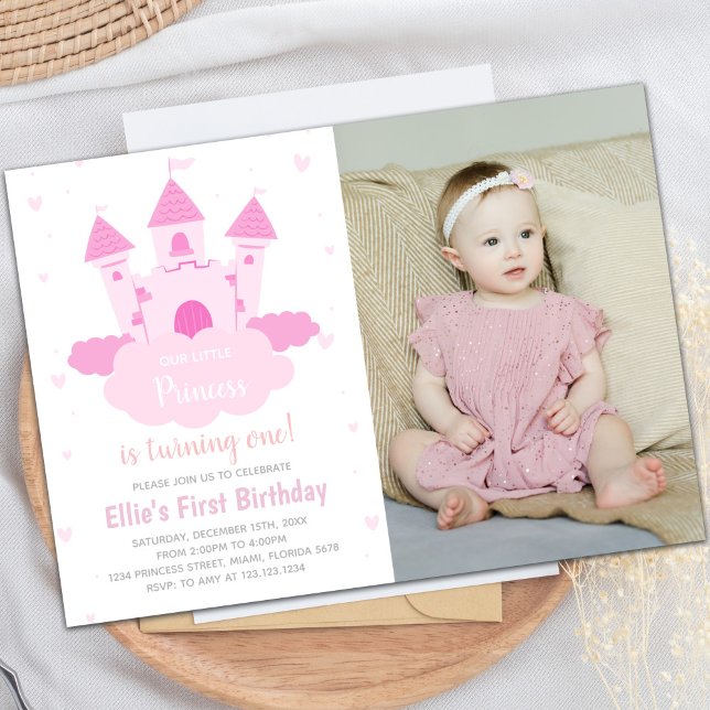 Invitation Château rose sous CloudPrincesse photo d'anniversa (Pink Castle under CloudPrincess Birthday photo Invitation)