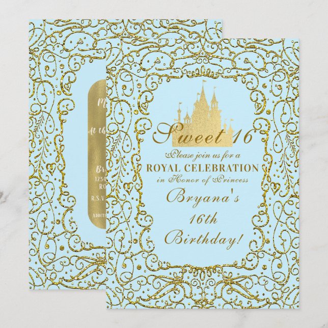 Invitation Château Royal Bleu Clair et Or Princesse Douze Ans (Devant / Derrière)