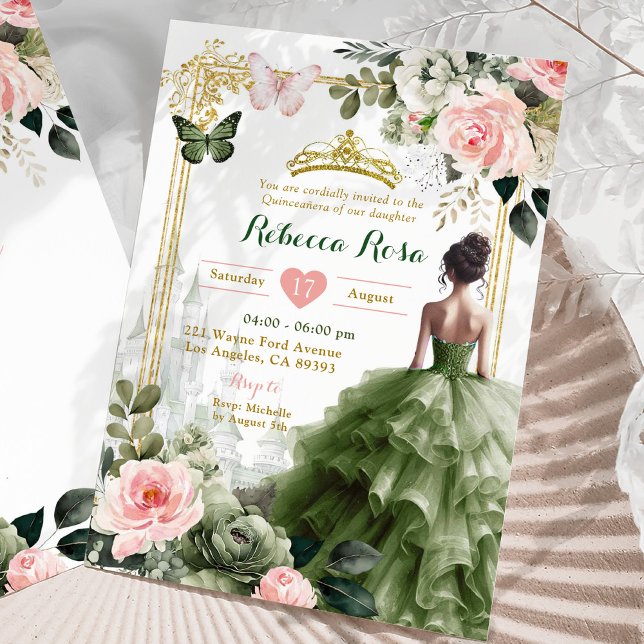 Invitation Château Royal Blush Rose Sage Vert Quinceañera (Créateur téléchargé)