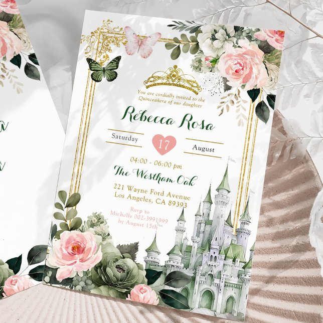 Invitation Château Royal Blush Rose Sage Vert Royal 15 Años (Créateur téléchargé)