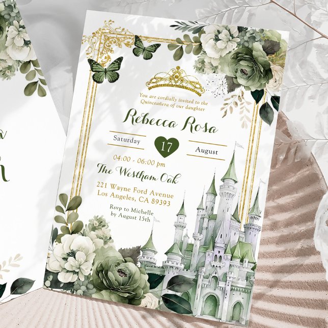 Invitation Château Royal Couronne Sage Green Royal Quinceañer (Créateur téléchargé)