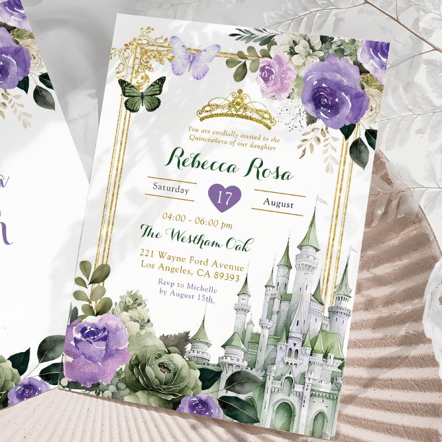 Invitation Château Royal Lilac Violet Sage Vert Quinceañera (Créateur téléchargé)