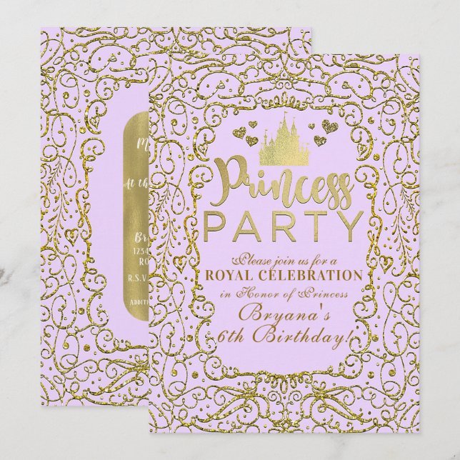 Invitation Château Royal Or Violet Lavande FÊTE DE PRINCESSE (Devant / Derrière)