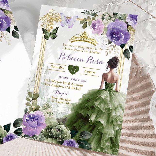 Invitation Château Royal Purple Sage Green Princess 15 Años (Créateur téléchargé)