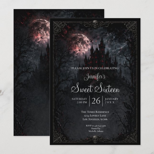 Invitation Château sombre gothique Sweet 16 (Devant / Derrière)