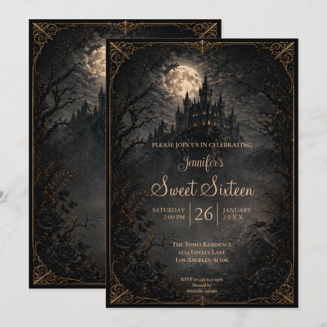 Invitation Château sombre gothique Sweet 16 (Devant / Derrière)