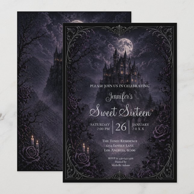 Invitation Château sombre gothique Sweet 16 (Devant / Derrière)