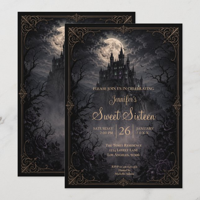 Invitation Château sombre gothique Sweet 16 (Devant / Derrière)
