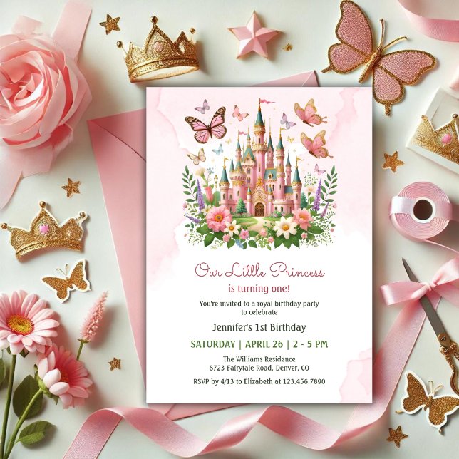 Invitation Château Whimsical Rose Little Princesse 1er annive (Pink Whimsical Castle Little Princess 1st Birthday Invitation)
