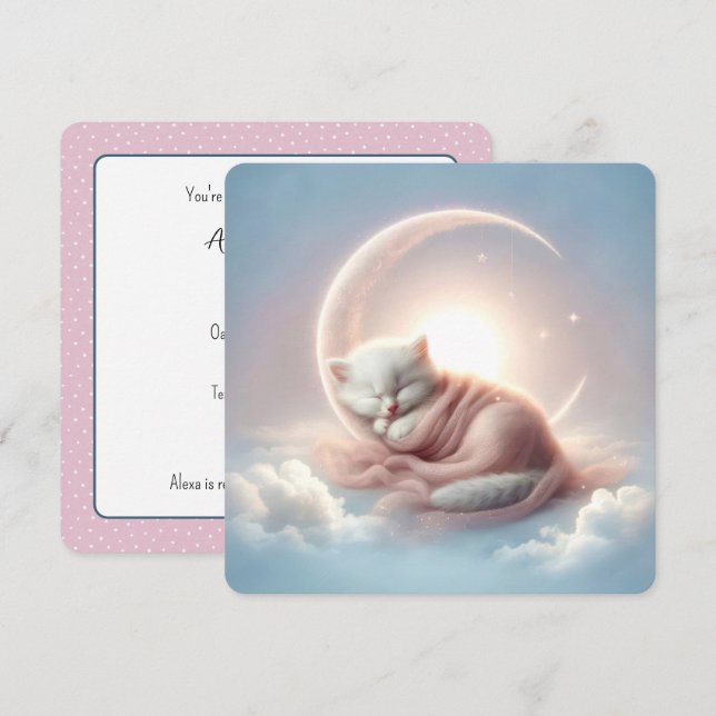 Invitation Chaton blanc dormant sur une lune de croissant (Devant / Derrière)