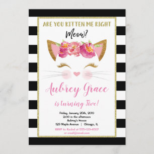 Invitation Chaton chaton en or blanc noir fête d'anniversaire