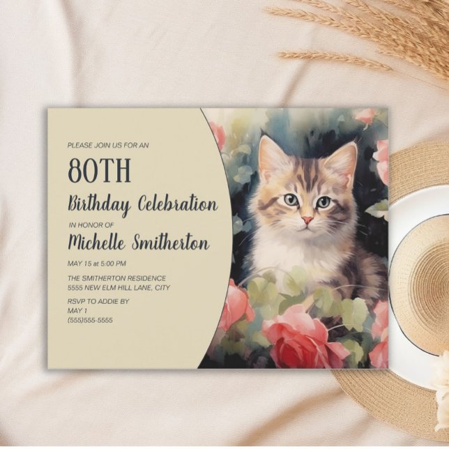 Invitation Chaton Gris Blanc 80ème Anniversaire (Cute gray and white kitten watercolor 80th birthday party invitation)