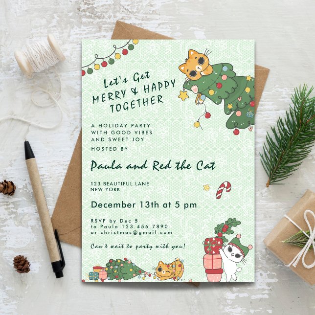 Invitation Chaton Mignon et Arbre de Noël (Kawaii Cute Cat & Christmas Tree Invitation)