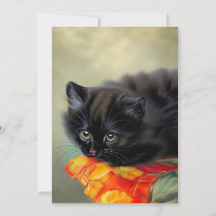 Invitation Chaton noir vintage avec couverture de fleur rouge