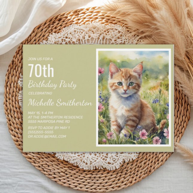 Invitation Chaton orange jaune amoureux 70e anniversaire (Cat 70th birthday party invitation)